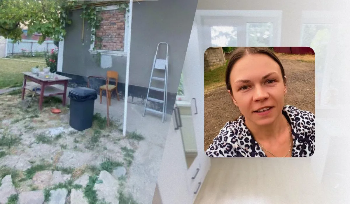 Колаж сільського двору зі столом, урною й драбиною та селфі жінки